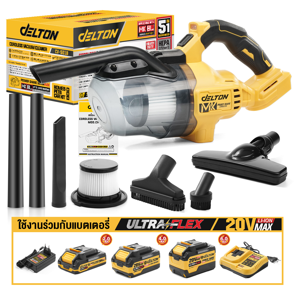 เครื่องดูดฝุ่นแบบมือจับไร้สาย  (พร้อมแบตเตอรี่) DELTON รุ่น CV-501B ULTRAFLEX 20V 4AH_10